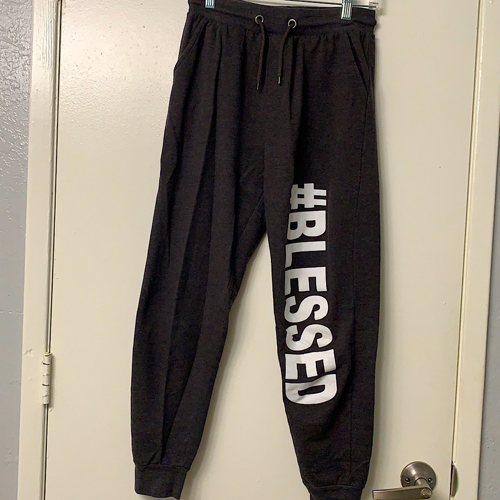 Comfortable sweatpants. Left leg says ‘#BLESSED’. No damages, wear/tear.